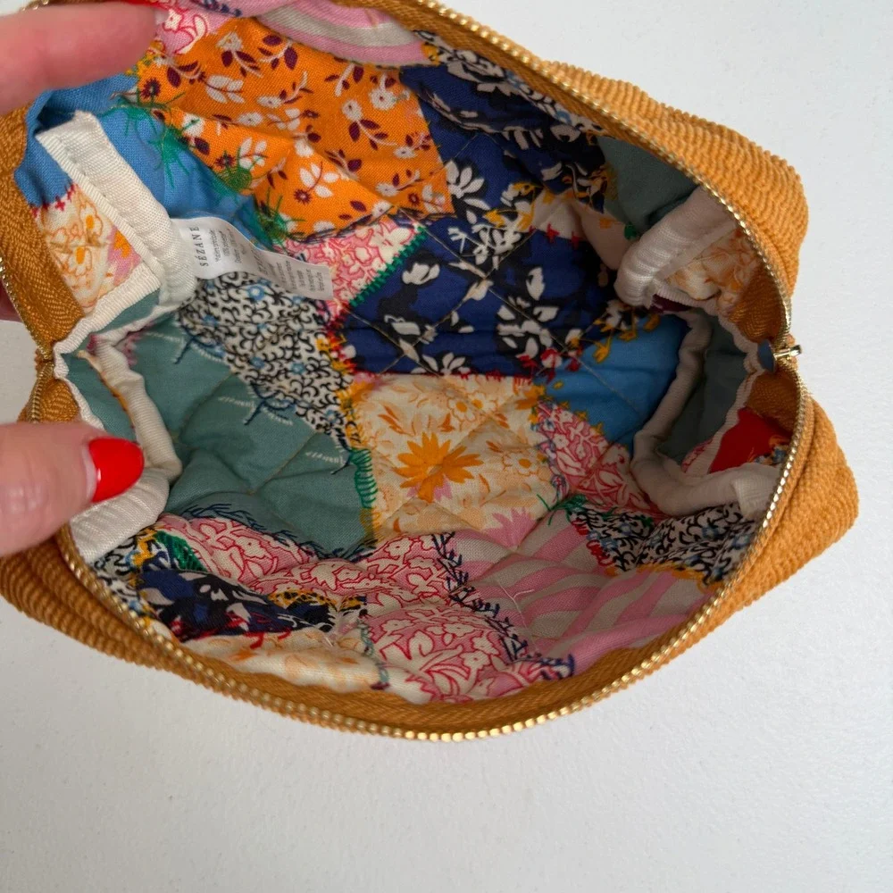 Sezane OS Pouch Quilted Corduroy Toiletry Bag Camel Brown Patchwork Lining Boho